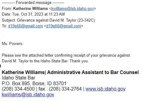 email from Katerine Willams Admin Assistant to bar counsel - David Taylor 01