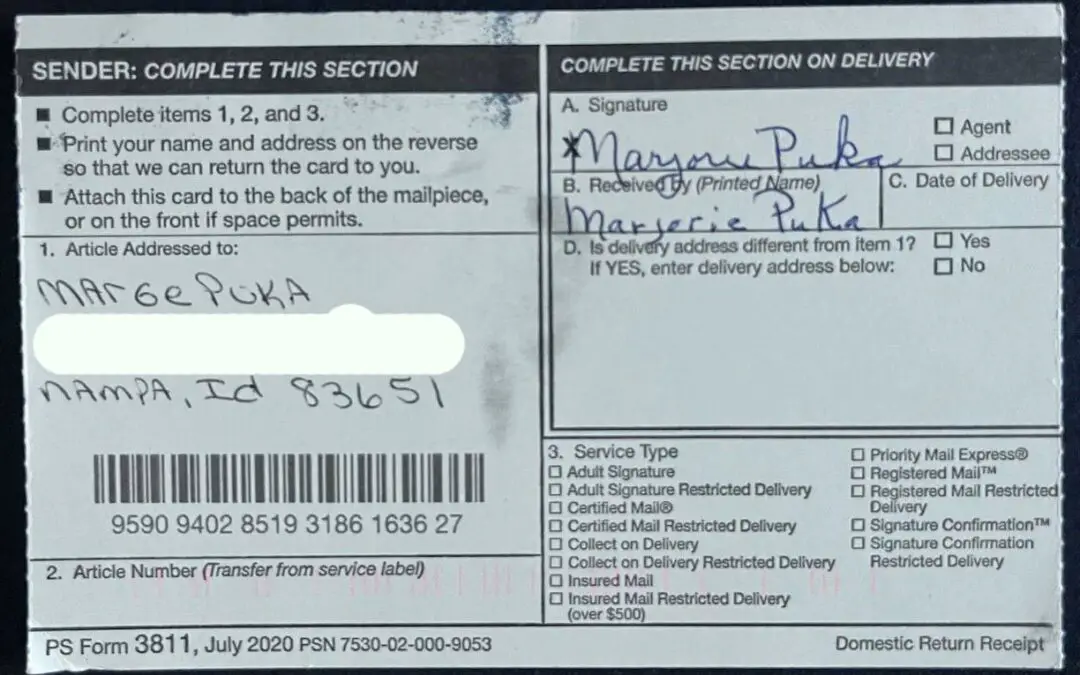 Marjorie Signs Certified Mail!